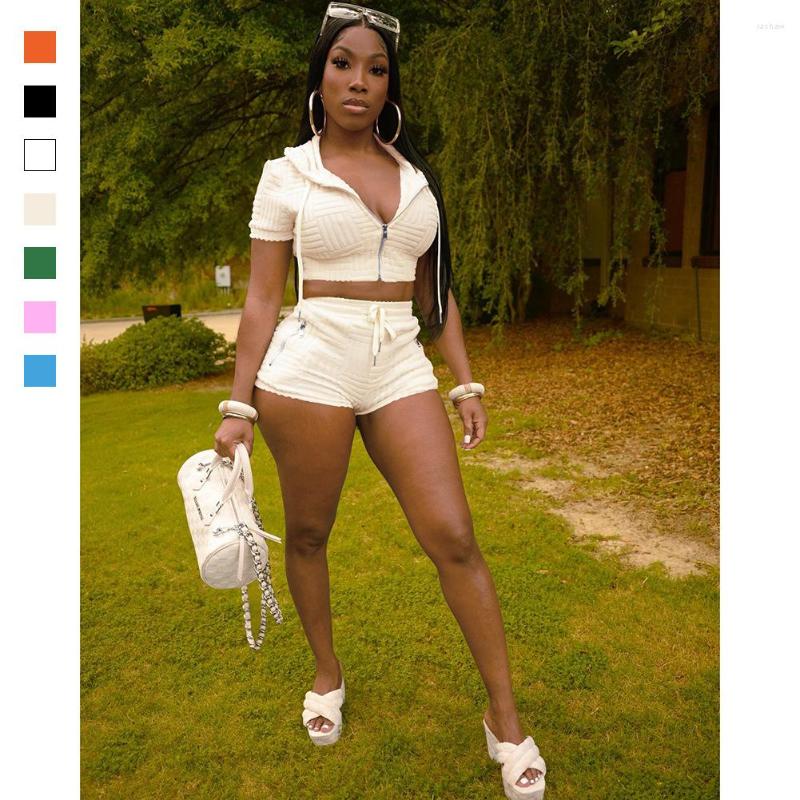 

Women' Tracksuits Two Piece Women' Summer Towel Jacquard Hooded Zip Short Sleeve Shorts Casual Activewear Tops And Pants, Orange