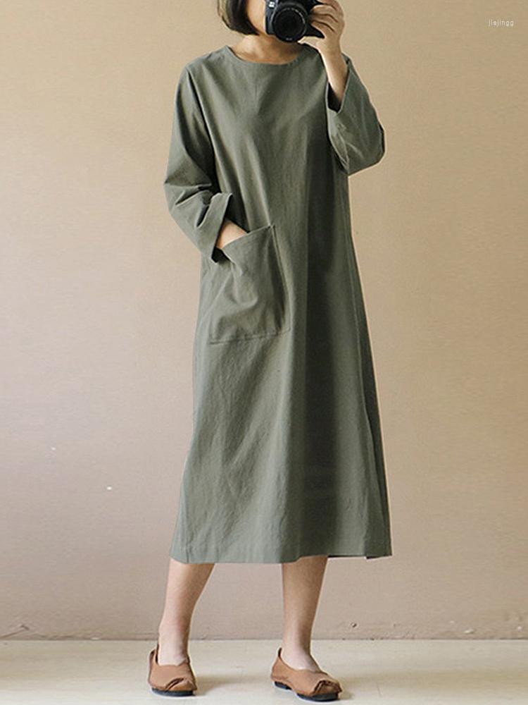 

Casual Dresses 2022 Cotton Linen Midi Dress Womens Spring Sundress Long Sleeve Split Tunic Vestidos Female Front Pocket Robe, Apricot