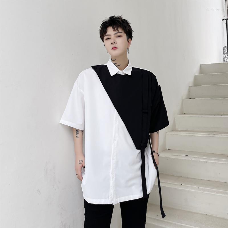 

Men' Casual Shirts Men' Summer Ruffian Handsome Personality Short Sleeve Shirt Design Sense Of Minority Ins Splicing One Shoulder, White