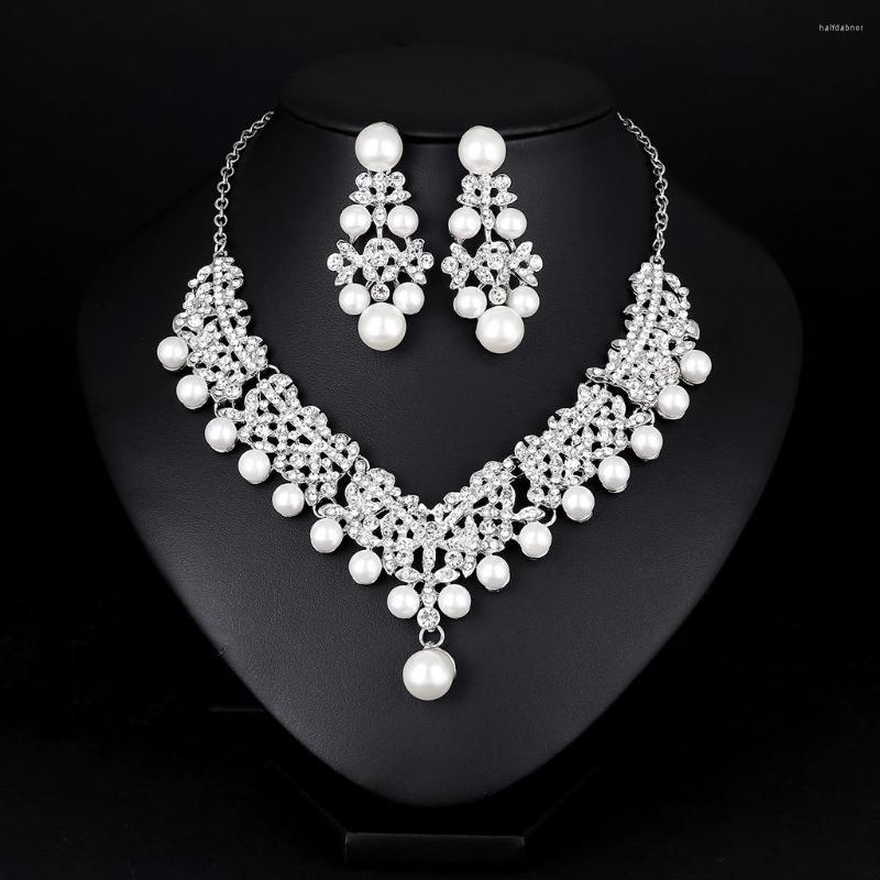 

Necklace Earrings Set CA651 Fashion Rhinestones Wedding Pearls Jewelry, Picture shown