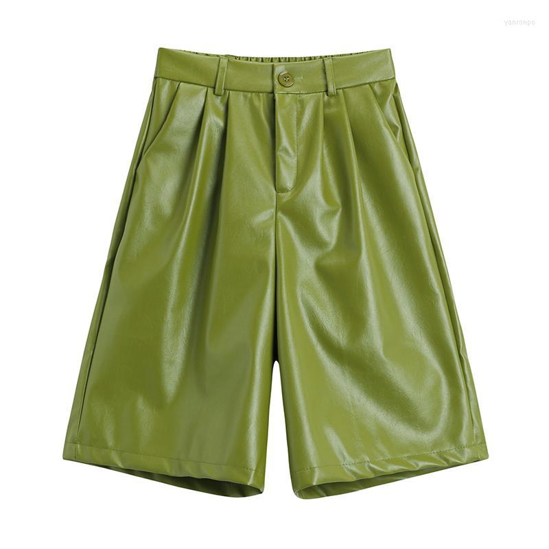 

Women' Shorts Women' European Summer Thin And Loose All-match Casual High-waisted A-line Wide-leg Five-point PU Leather Women Fashion, Green