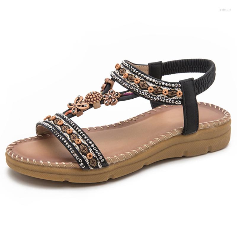 

Sandals Ethnic Style Gladiator Lady Flats Women Summer Comfortable Bohemia Beaded Roman Beach Shoes, 3393-4 brown
