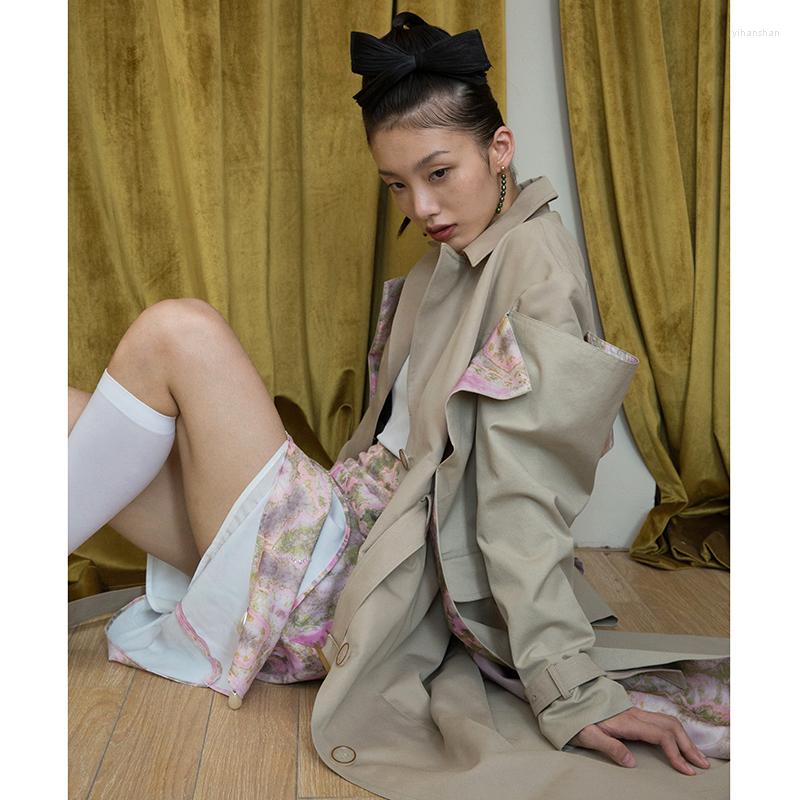 

Women' Trench Coats Independent Designer Autumn National Style Artist Print Deconstructs Two Fake Windbreaker Women F812, Khaki