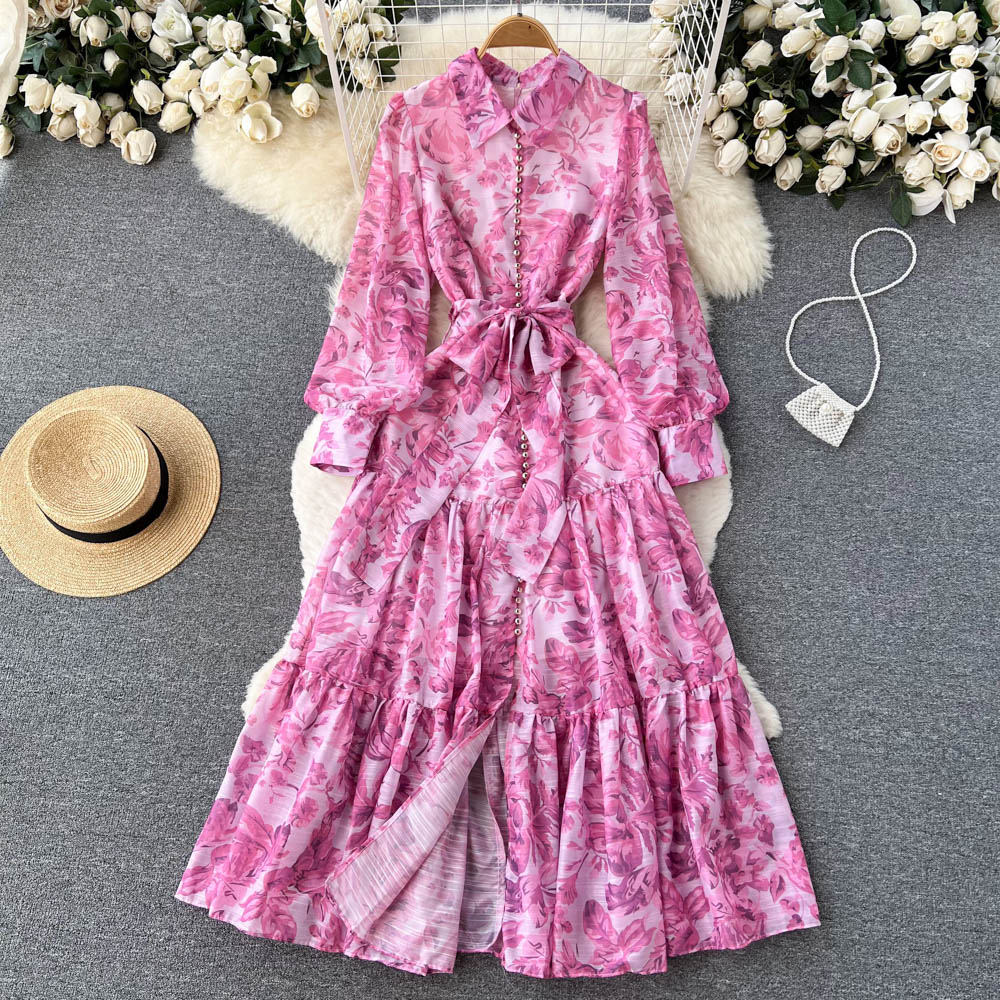 

French Gentle Style Long Sleeve Dress Early spring New Style Beach Holiday Waist Slim Split Flower Skirts, Rose pink