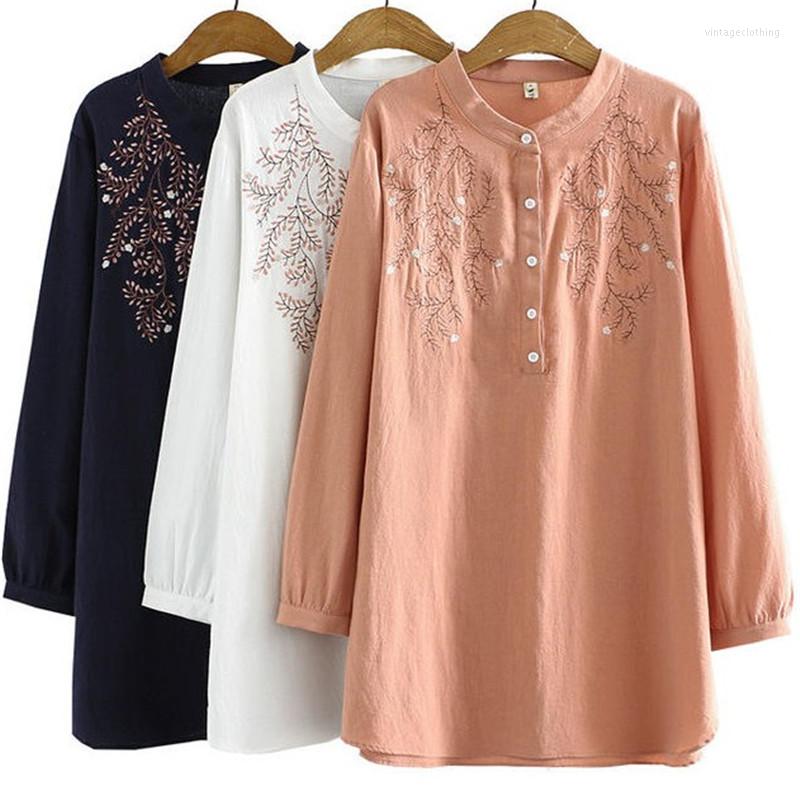 

Women's Blouses Embroidery T-Shirt Medium Long Sleeves Round Collar 2022 Autumn Loose National Wind Cotton Shirt Large Size Women's, Khaki