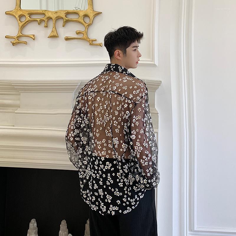 

Men's Casual Shirts Wear Unisex Hollow Out Transparent Sunscreen Clothes Long Sleeve Gauze Printting Black Shirt 2022 Lapel Blouse 2Y1322