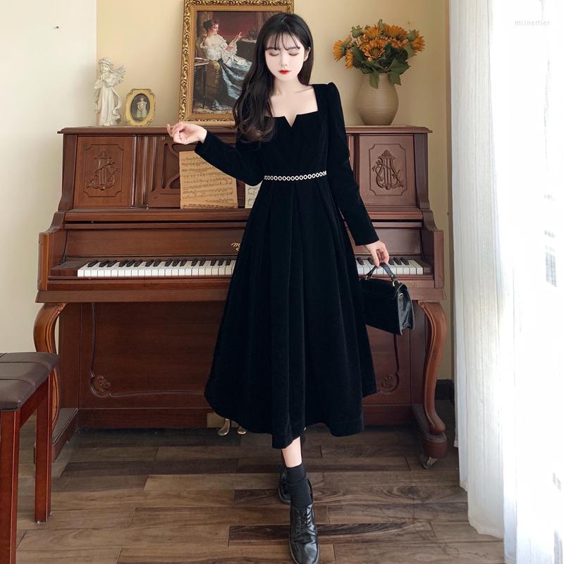 

Casual Dresses Winter Femme Robe Long Sleeve Party Elegant For Women Velvet Lace Prom Evening 2022 Hit Black Clothes Vintage
