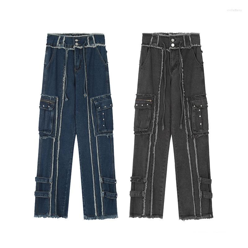 

Men' Jeans High Street Large Pockets Spliced Ripped Vintage Man Straight Washed Denim Cargo Pants Tide, Black