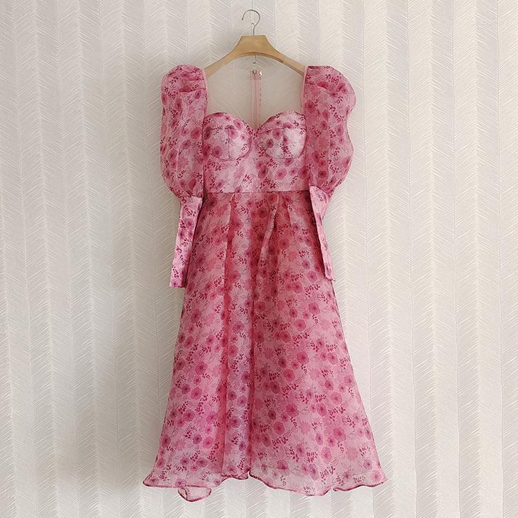 

Casual Dresses Pink Floral Women Lantern Sleeves Dress Kawaii Young Lady Style Bow Print Elegant Midi Beach Holiday Organza Long