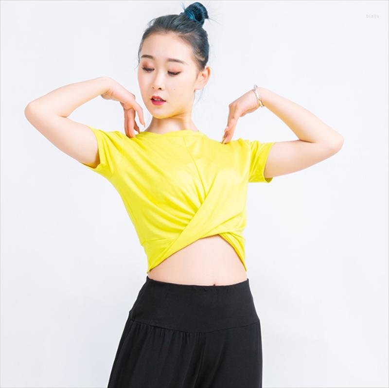 

Stage Wear 2022 Arrival Twist Knot Design Summer Tight Sweat Absorbing Dance Practice Top Short Sleeves Large Stretch Dancing, Color 2
