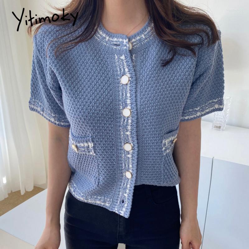 

Women's Knits Women's & Tees Yitimoky Vintage Short Sleeve Cardigan Women 2022 Summer Elegant Fashion O-Neck Ruched Button Single, Blue