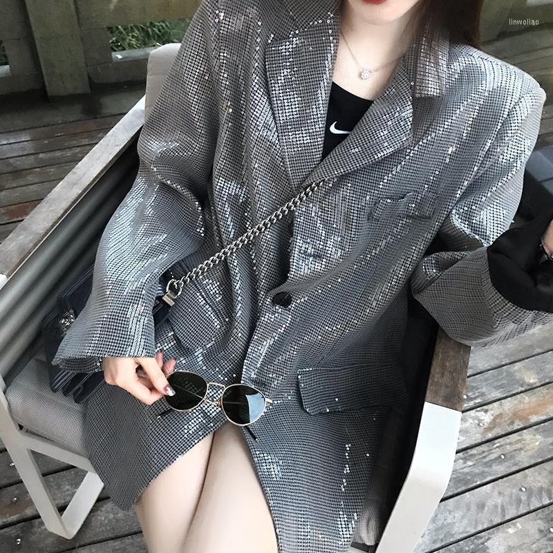 

Women' Suits Bling Korean Style Stylish Suit Coat Women ' Loose Shiny Ins Elegant Casual Top, Gray