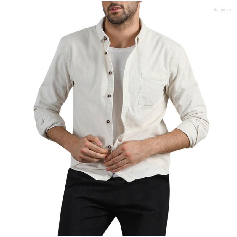 

Men's Casual Shirts Men's Fashion Autumn Top Sleeves Shirt Men Blouse Solid Pocket Long Corduroy, White