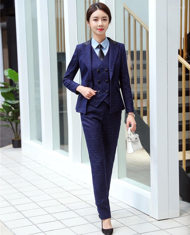

Women' Two Piece Pants High Quality Women Business Suits 3 Vest Pant And Jacket Sets Work Wear Ladies Navy Blue Blazers Office Uniforms, Beige