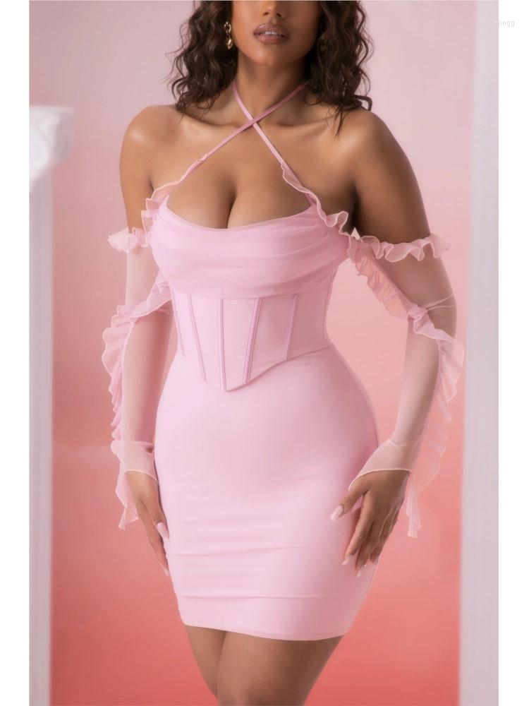 

Casual Dresses Women's 2022 Polyester Mesh Fishbone Solid Color Ruffle Sexy Sling Dress Pink, Blue