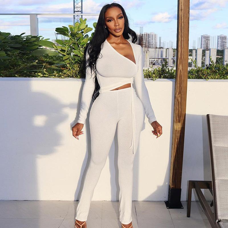 

Women' Two Piece Pants LFRVZ European And American Fashion Women' Wear 2022 Winter Solid Color Drawstring T-shirt Casual Tight Suit, White k21st588