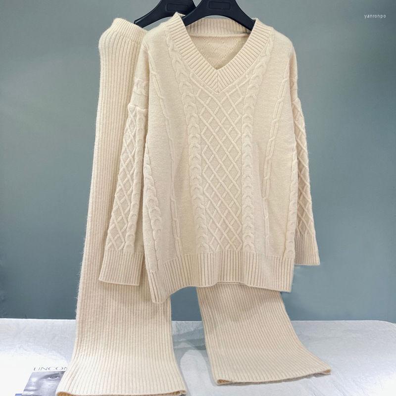 

Women's Two Piece Pants Women's Sweater Set 2022 Autumn And Winter Versatile V Neck Rhombus Knit Long Sleeve Lazy Wind Pullover, Gray
