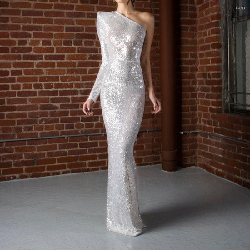 

Casual Dresses One Shoulder Evening Party Dress Backless Long Sleeve Split Back Silver Sequin Maxi, Picture shown