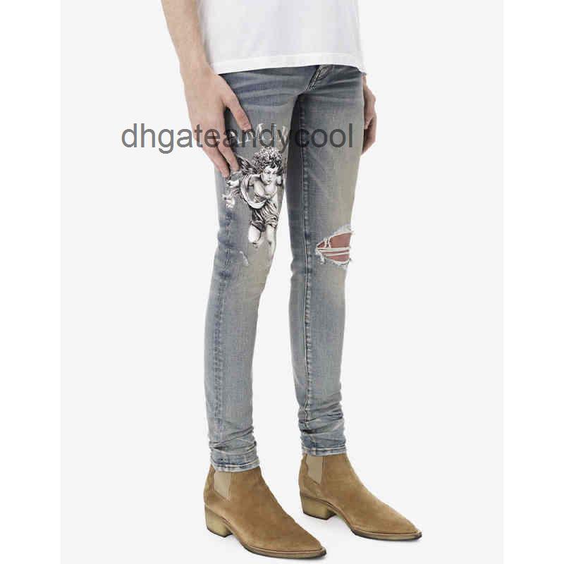 

Brand amirs Mud amiris Washing mens Angel jean pants Yellow Jeans Blue Designer Hot Street Stamping Hole Slim Fit Elastic Men Women 95YW, Black