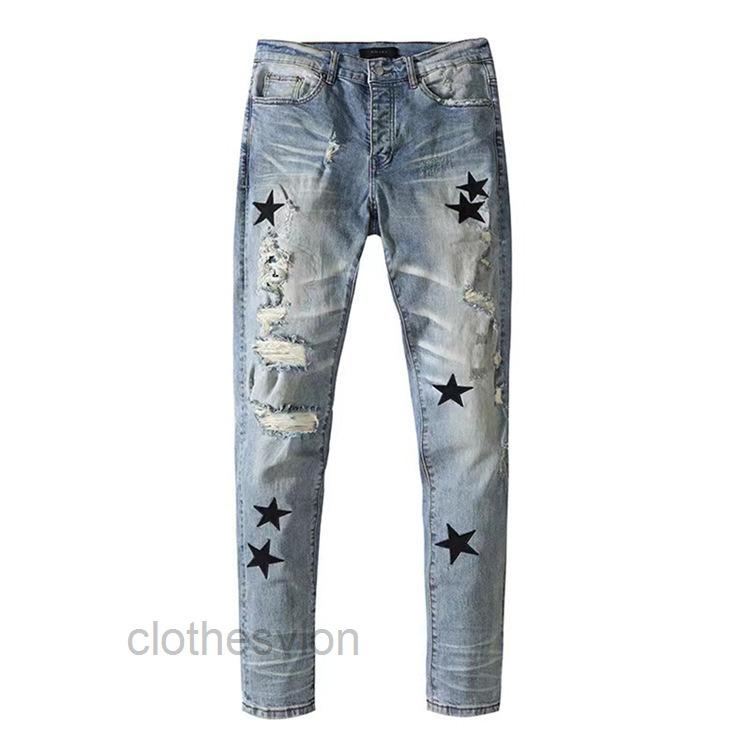 

Jeans Amirs T Shirts Designer 2022 Jean Pierced Men's Straight Tube Senior Summer Slim Fit Pants, Light blue white star