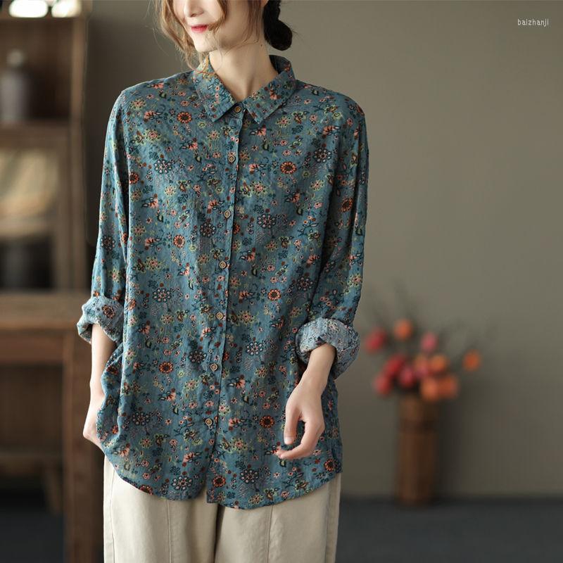 

Women' Blouses 2022 Autumn Retro Floral Shirt Ladies Lapel Long-sleeved Fashion Cardigan Top Korean COTTON Regular, Green
