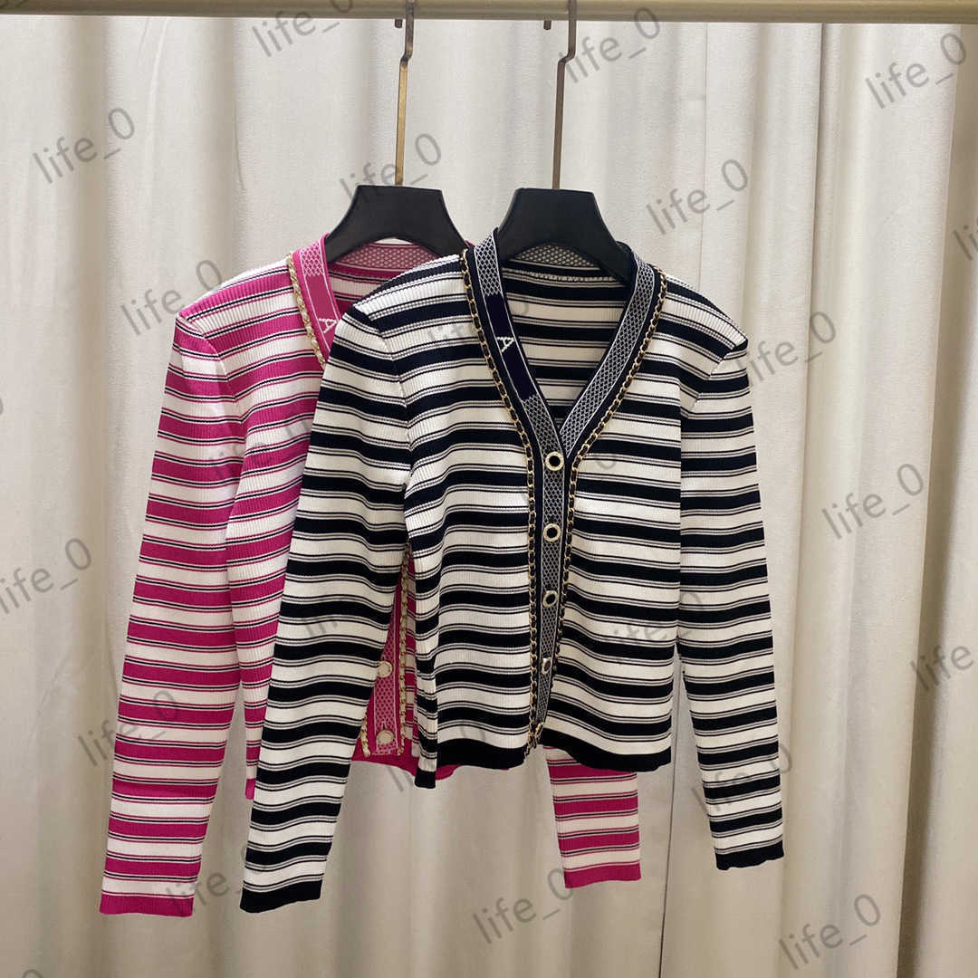 

Brand Cardigan Womens Sweater Metal Chain Decoration Stripes Cardigans Tops Single-breasted Metal Buttons V-neck Knitwear Casual Women Sweaters 2 Colors, 13
