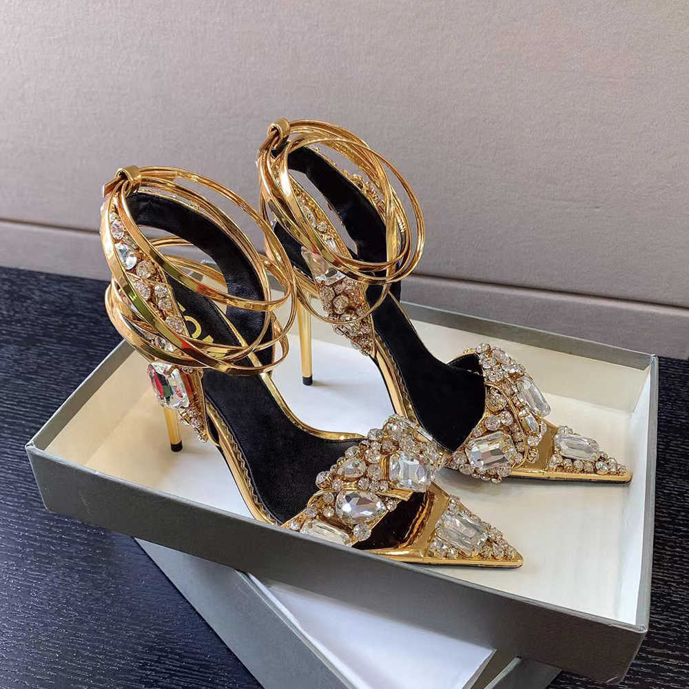 

Designers Sandals Mirror leather and crystal pointed diamond gemstone Heels gold winding bandage 10cm womens luxury street style shoes factory footwear with box, Purplish red