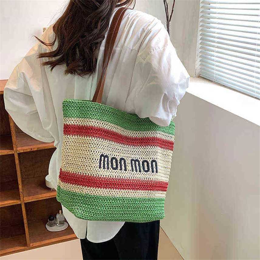 

2022 spring and summer straw woven bag holiday wind Beach Bag underarm large capacity shopping Lafite sling one shoulder Purses, Green