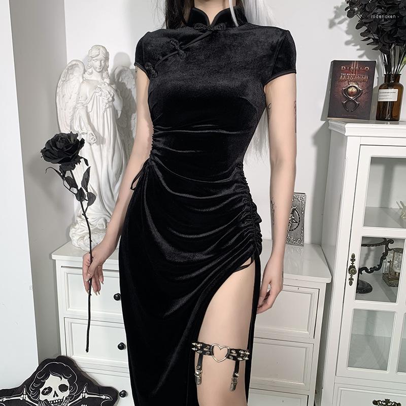 

Ethnic Clothing Chinese Stand Collar Gothic Dress Cheongsam Dresses Vintage Women Black Bandage Slit Hem Sexy Evening Qipao Long Vestidos