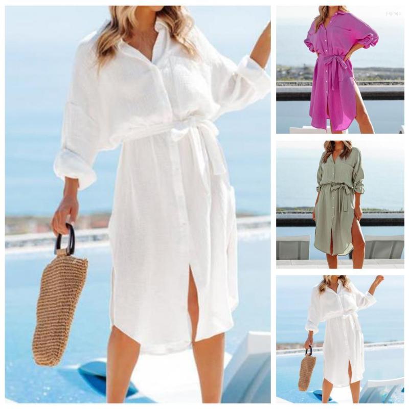 

Casual Dresses Elegant Women Dress Pure Color Turn-down Collar Single-breasted Tight Waist Summer Lapel Long Sleeve For Daily Wear, Purple