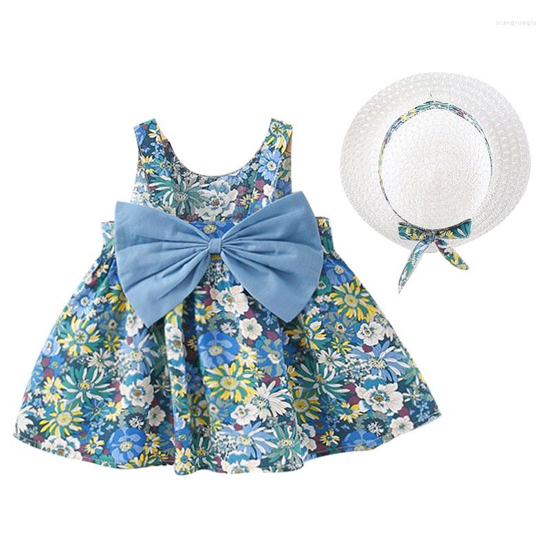 

Girl Dresses 2Piece Toddler Summer Clothes Set Korean Cute Flower Bow Sleeveless Cotton Baby Beach Sunhat Little Girls Clothing BC007