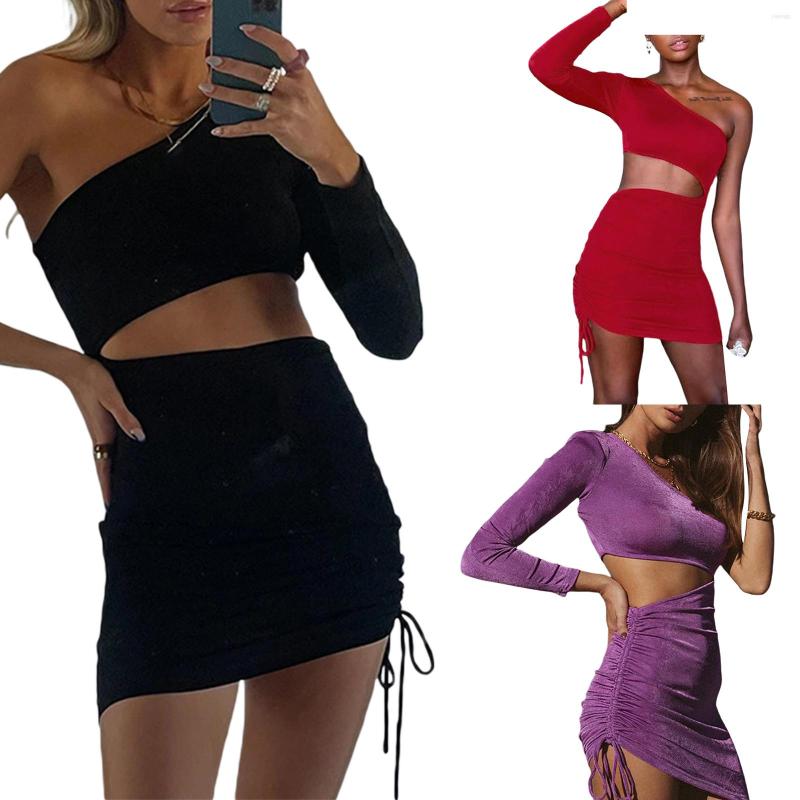 

Casual Dresses Women Summer Close-fitting One-shoulder Asymmetric Dress Solid Color Hollow Out Ruched Backless Party Bandage Sexy, Black