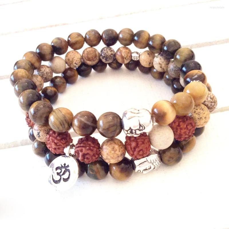 

Link Bracelets Wholesale Natural Rudraksha Energy Bracelet 8 Mm Picture Jaspers Ohm Charm Golden Tiger Eye Stone