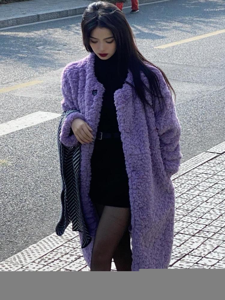 

Women's Fur 2022 Winter Fake Coat Women Thickening O Neck Long Sleeve Single-breasted Solid Color Casual Jacket Keep Warm, Purple