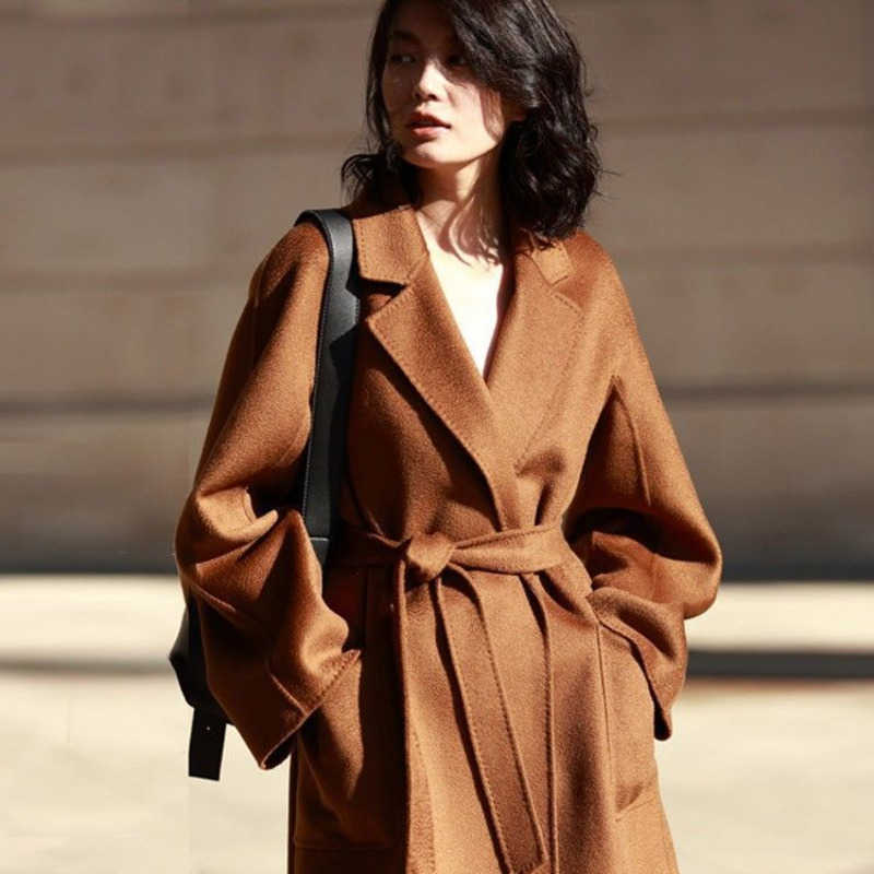 

winter woolen coats max designer cashmere Coat luxury solid color lace up long warm coat fashionable and versatile, Black