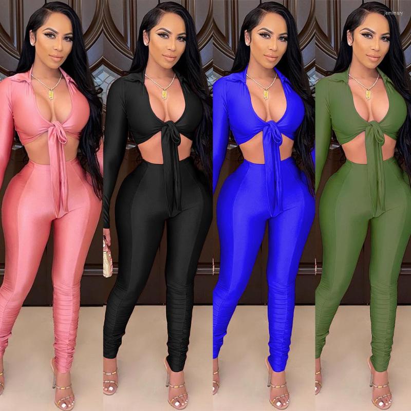 

Women' Two Piece Pants Zaggin 2022 Autumn -sale Women Solid 2-Piece Sets Sexy Lady V-neck Full Sleeve Skinny 4-colors Bodycon Long Pant, Army green