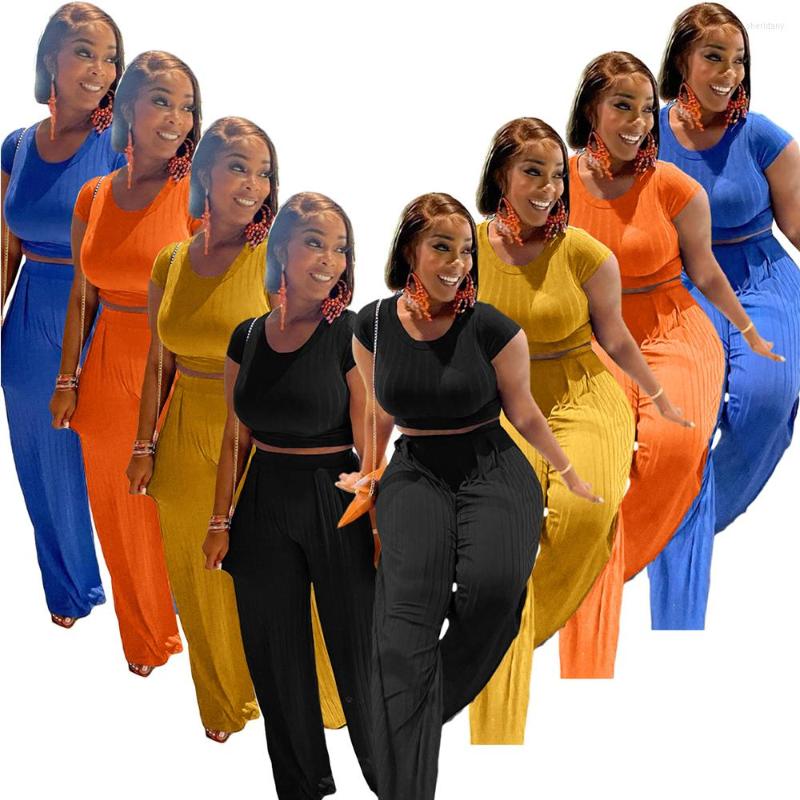 

Work Dresses Casual Womens Summer Clothing Slim Solid Color Ribbing Fold Short Round Collar Top Loose Fit Pants Leisure Two Piece Set Custom, Black