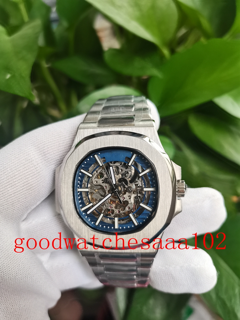 

u1 new version Men's Watches 40mm Skeleton Blue Dial 5711 Automatic Mechanical Transparent ETA Movement Stainless Steel bracelet Men's Fashion Wristwatches, White