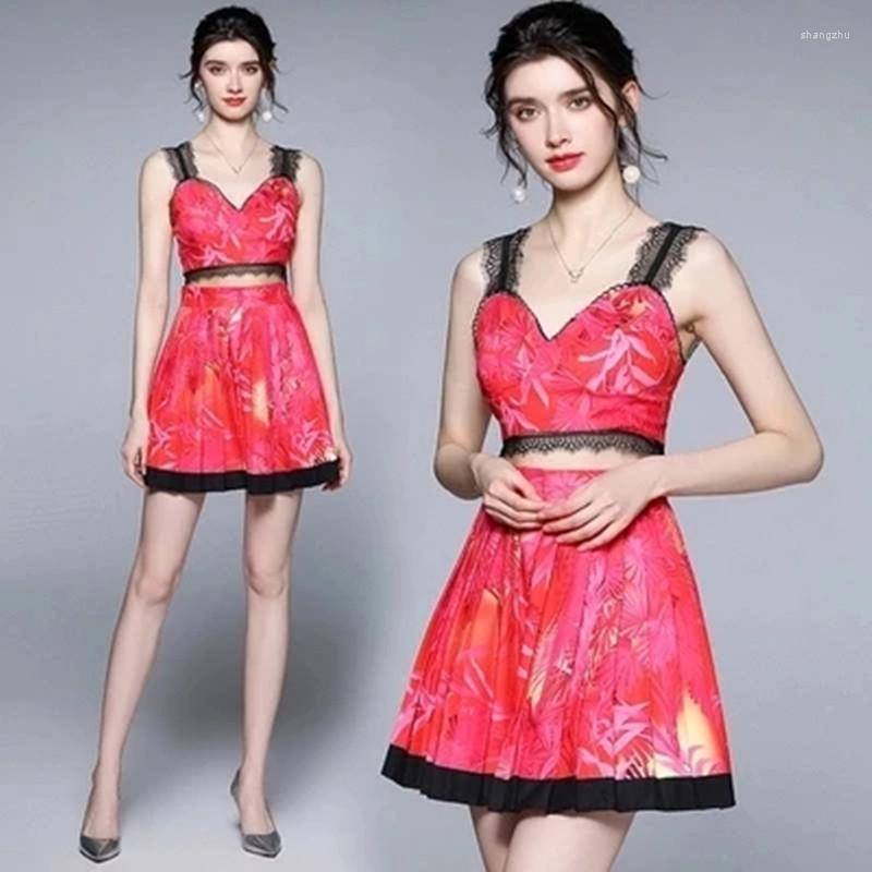 

Work Dresses Summer Runway Elegant Floral Print Suit Women's Sexy V-Neck Crop Tops Pleated Mini Short Skirt 2pcs Set Office Femme Sets, Picture color