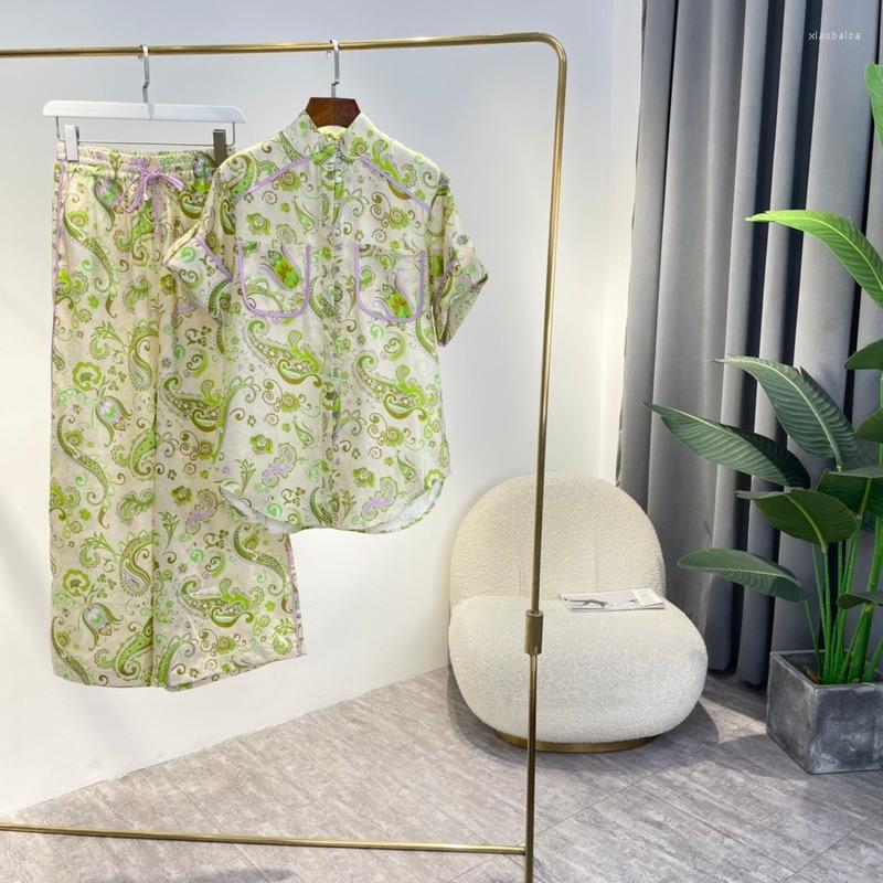 

Women's Two Piece Pants 2022 Latest Summer Top Quality Special Design Ladies Suit Loose Linen Green Brown Pink Paisley Print Long Wide Leg, Pants only