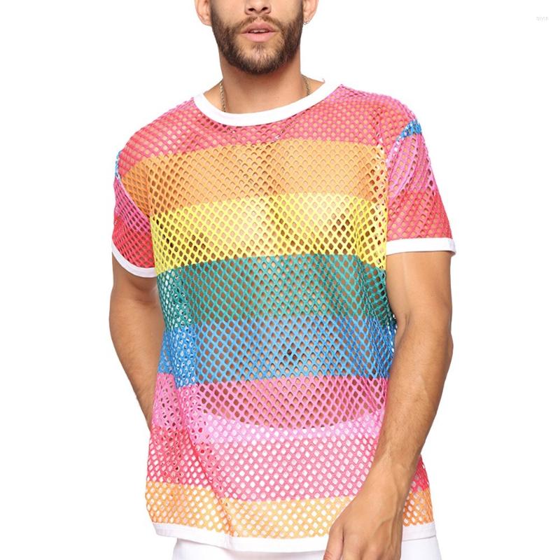

Men's T Shirts Men Rainbow Striped Fishnet Mesh T-shirt Jersey Top Tee Shirt See-Through Oversize XXS-5XL Black White 2022