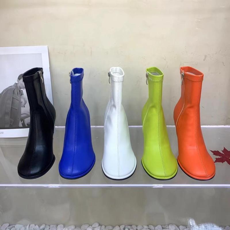 

Boots Round Toe Women Ankle Stretch Booties Side Zipper Fashion Thin High Heels Candy Color Party Pumps Shoes Woman Blue Yellow, Black
