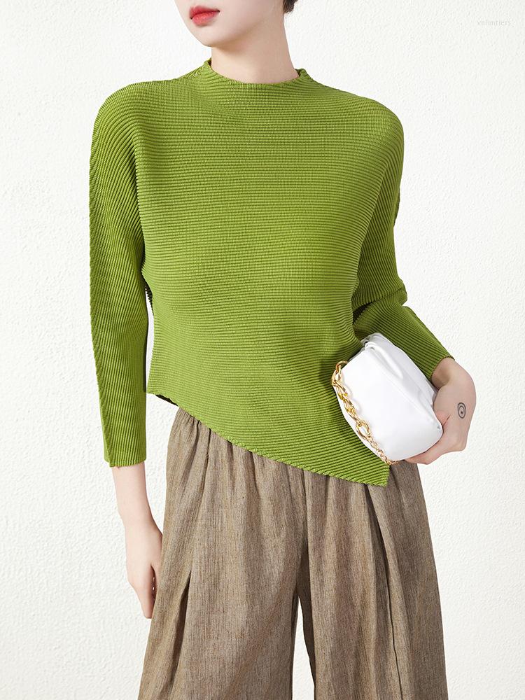 

Women's T Shirts High Neck Pit Stripe Underpinning Knitwear Women's Autumn Style Slim Pleated T-Shirt Long Sleeve Top, Picture color