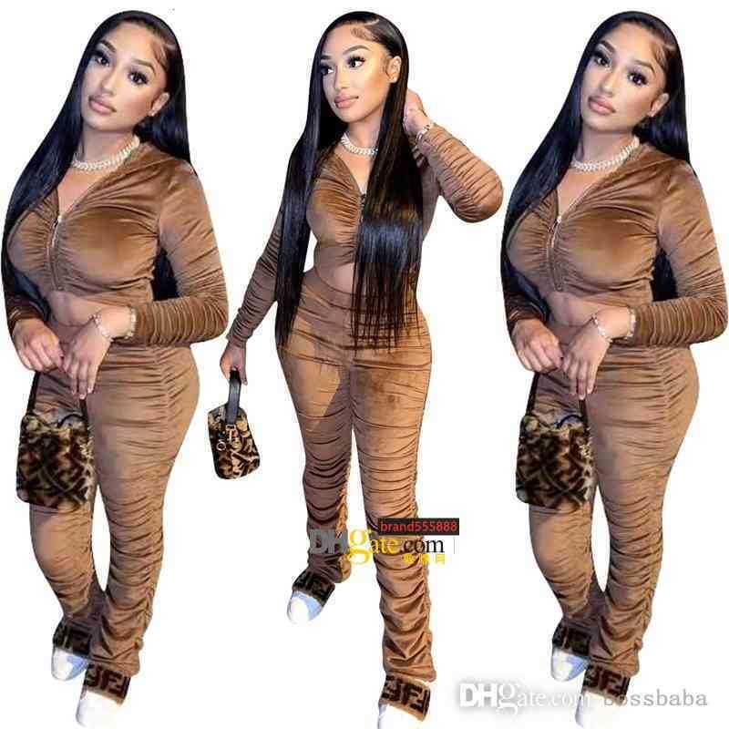 

Women Velvet Tracksuits Designers Clothes 2021 Velour Sweatpants And Hoodie Set Two Piece Outfits Pleated Jacket Stacked Pants Jogger Suit, Brown