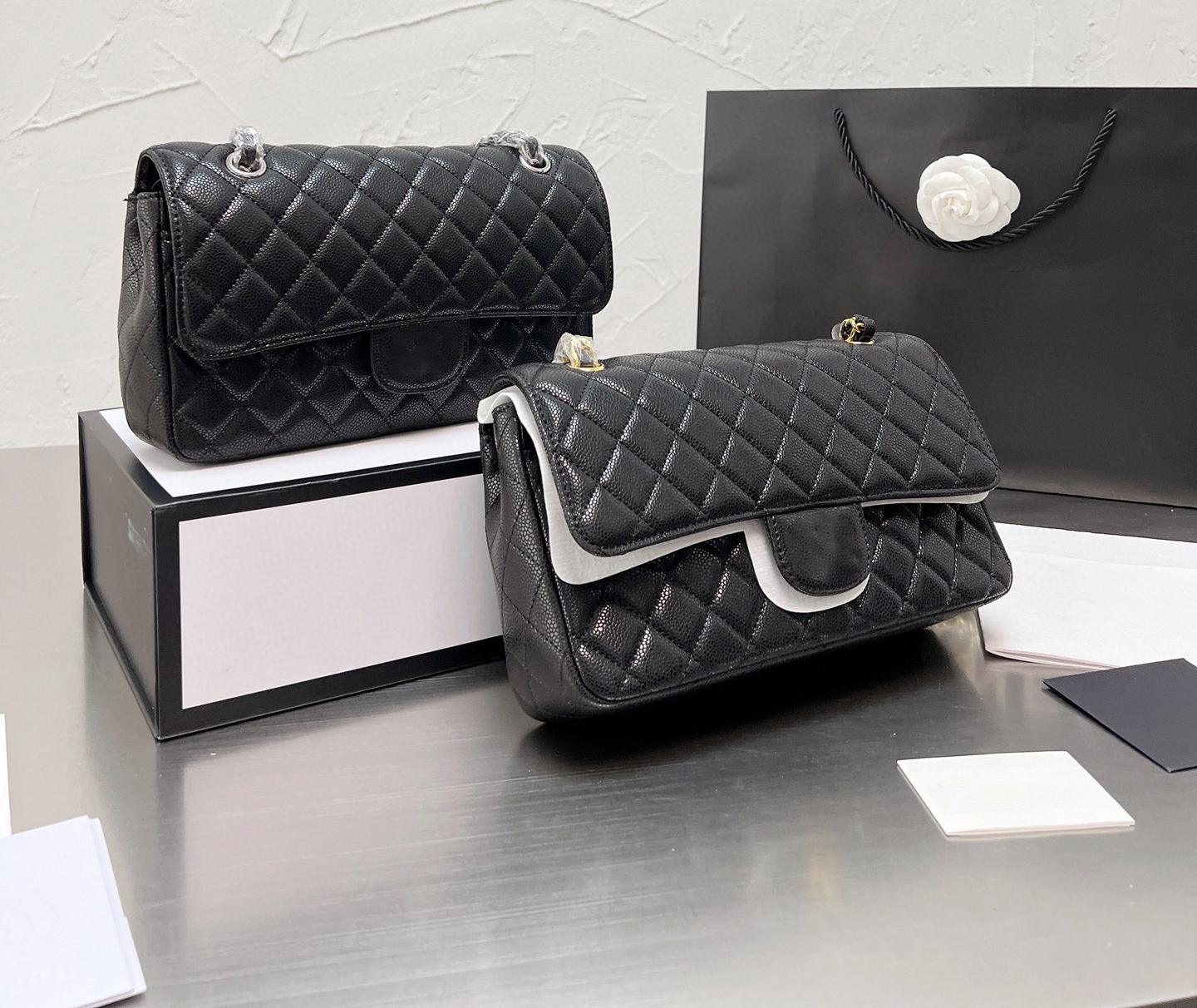 

Luxury tote purses Brand handbag message bags Shoulder bag Genuine Leather Caviar Cluth Totes Crossbody 5A Quality Flap Quilted Double Gold Chain 25CM LADY BLACK, Box