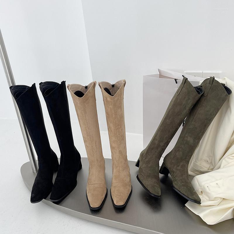 

Boots Fashion Women Knee High Flock Design Thick Heels Black Green Beige Back Zipper 2022 Arrivals Pumps Shoes Woman