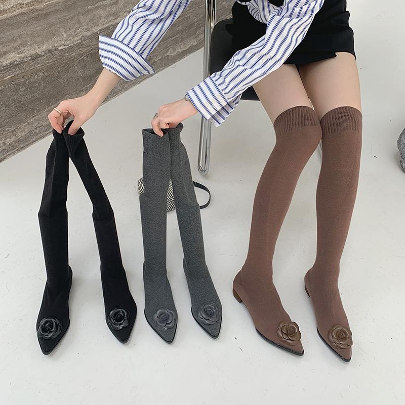 

Boots Fashion Women Over The Knee Pointed Toe Black Grey Brown Flower Design Slip On Sock Booties Stretch Shoes Flat Low Heels