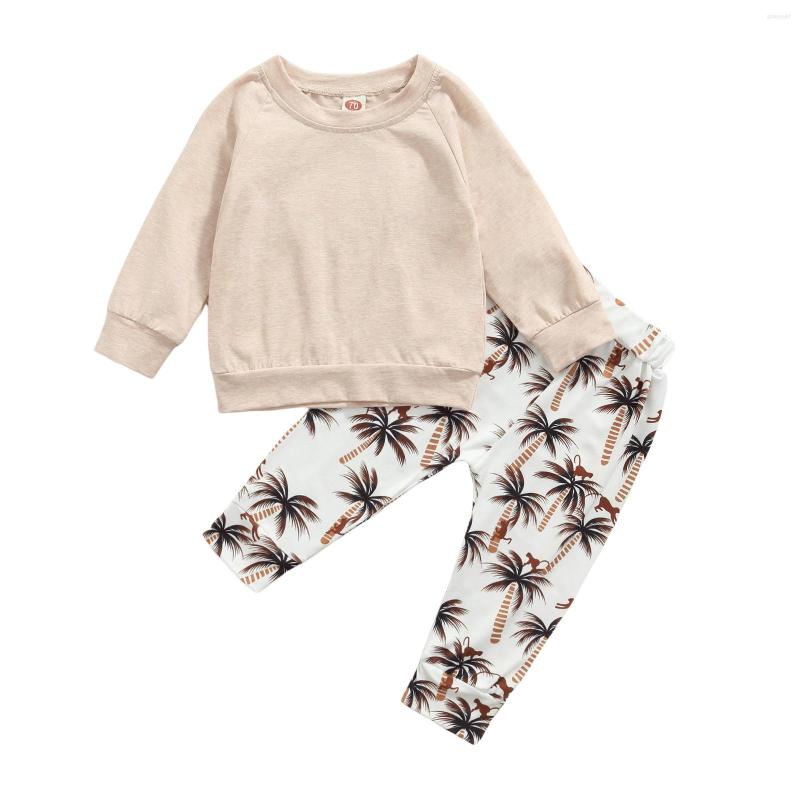 

Clothing Sets 2 Pcs Born Casual Outfits Baby Girls Solid Color Long Sleeve Round Neck Pullover Coconut Palm Print Trousers, Picture shown