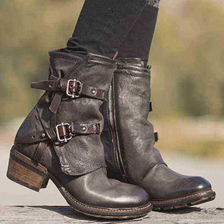 

Boots Women Shoes Motorcycle Autumn Platform Low Square Heel Round Nose Ankle Buckle Handmade Sewing Punk Cool Ladies Female 220805, Black