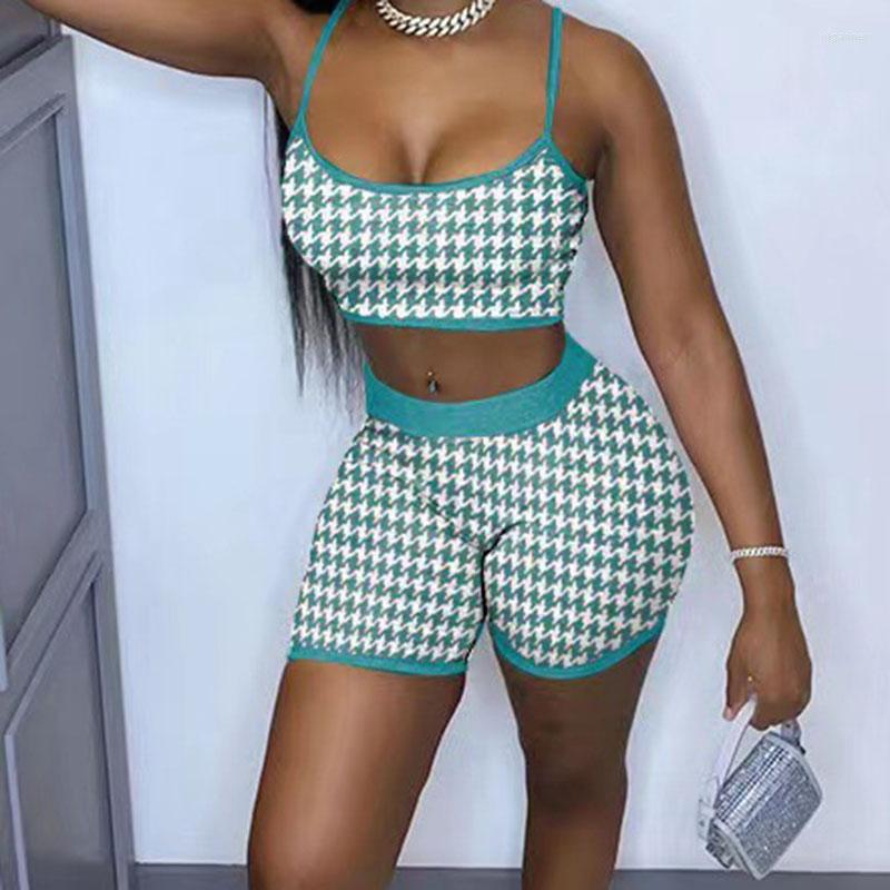 

Women' Tracksuits 2022 Net Red Knitting 2 Piece Clothes Set Vintage Plaid Sleeveless Crop Cami Top Skinny Shorts Pant Female Sporty, Green
